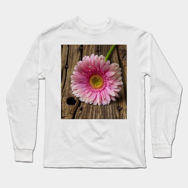 Pink Daisy On Old Boards Long Sleeve T-Shirt by photogarry